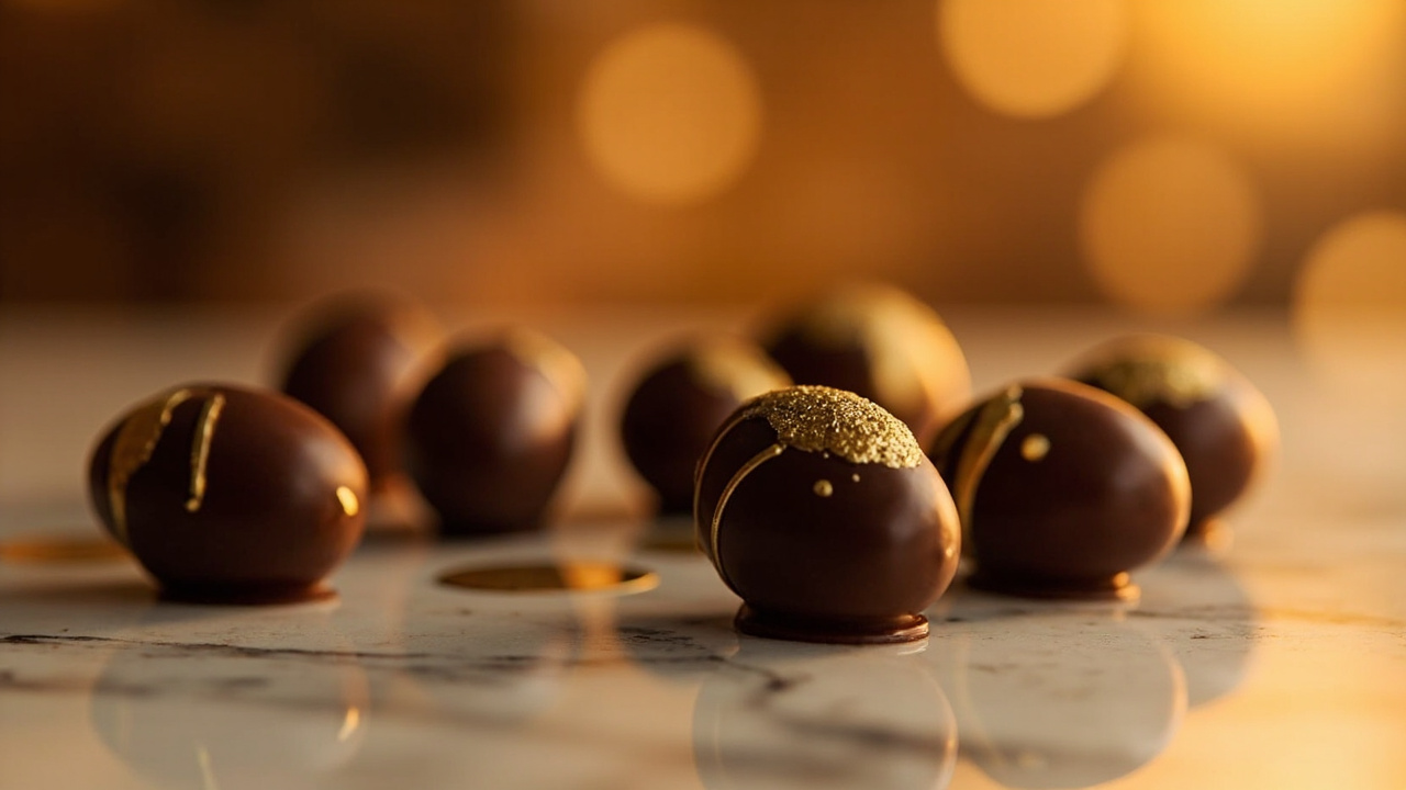 Handcrafted Easter chocolate truffles arranged artfully on dark background